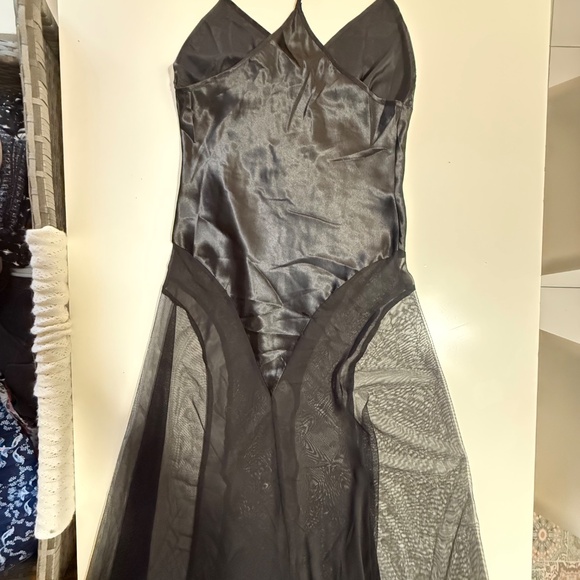 Luxury Lingerie Satin Slip Dress La Vie en Rose Black Maxi – Rhinestone Straps, - Picture 2 of 7